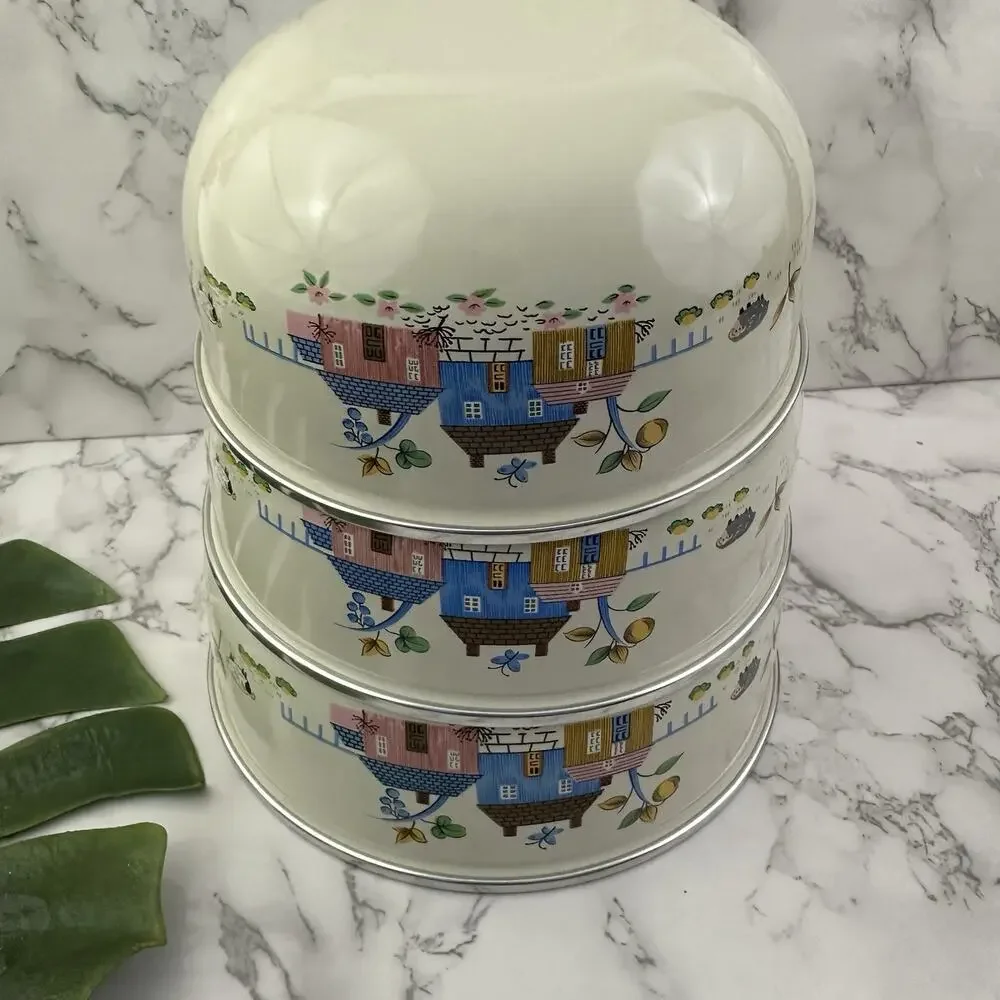 International Heartland Vintage Enamelware Nesting Bowls With Lids Mixing 6 pc